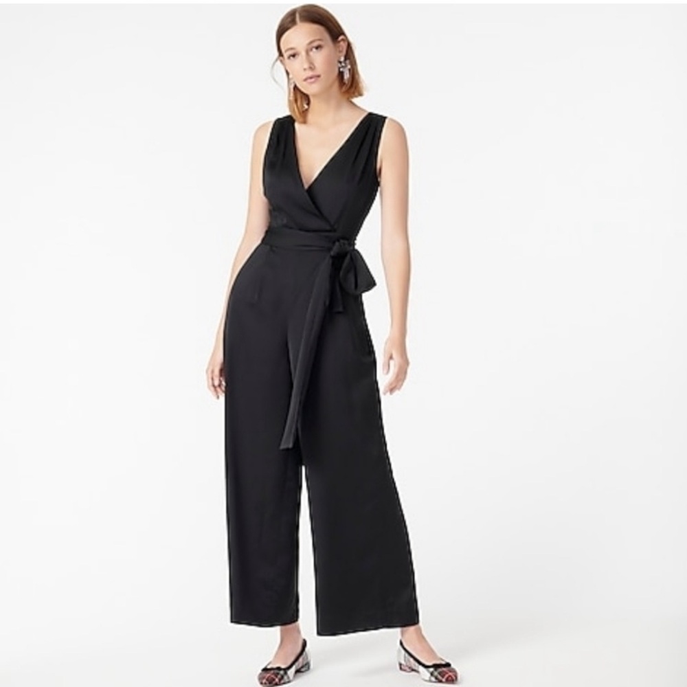 J. Crew Black Poplin V-Neck Tie-Waist Wide-Leg Jumpsuit